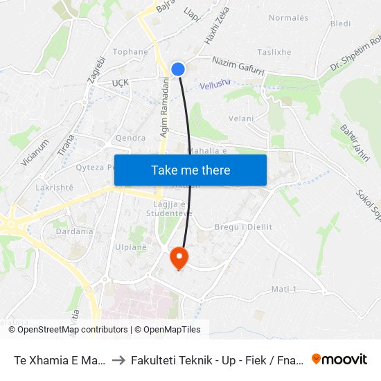 Te Xhamia E Madhe to Fakulteti Teknik - Up - Fiek / Fna / Fim map