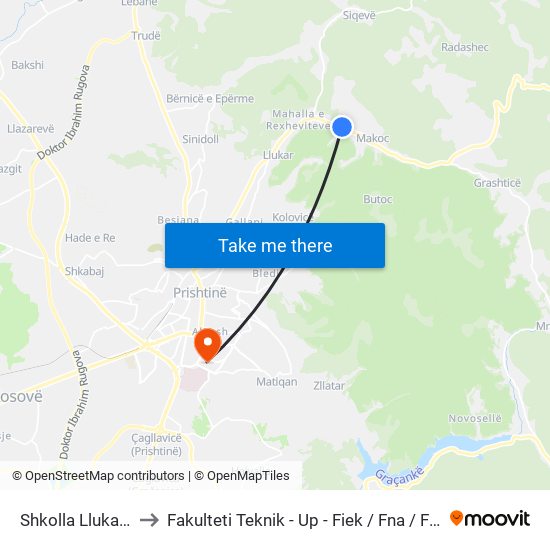 Shkolla Llukare to Fakulteti Teknik - Up - Fiek / Fna / Fim map