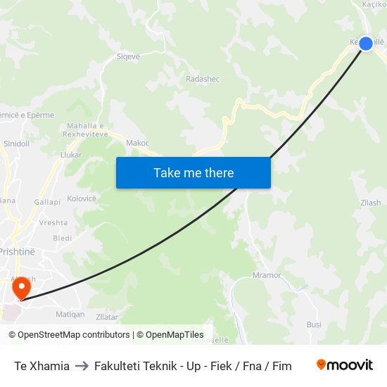 Te Xhamia to Fakulteti Teknik - Up - Fiek / Fna / Fim map