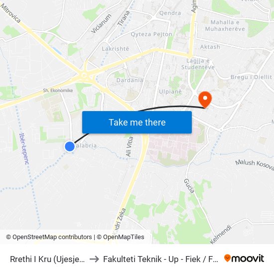 Rrethi I Kru (Ujesjellesit) to Fakulteti Teknik - Up - Fiek / Fna / Fim map