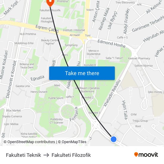 Fakulteti Teknik to Fakulteti Filozofik map