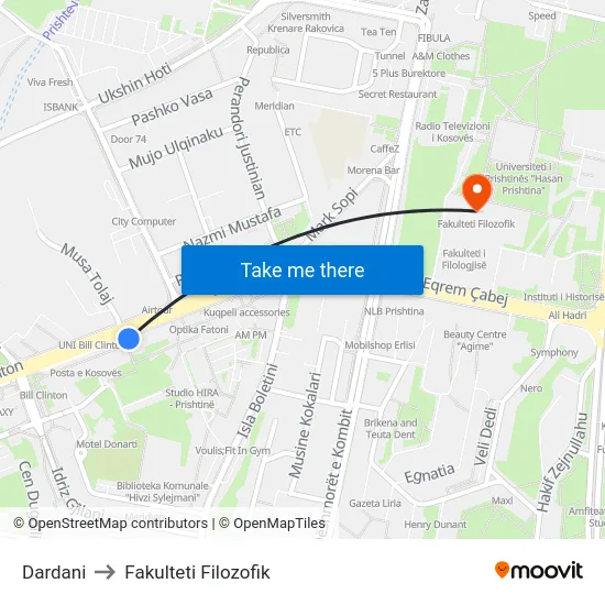 Dardani to Fakulteti Filozofik map