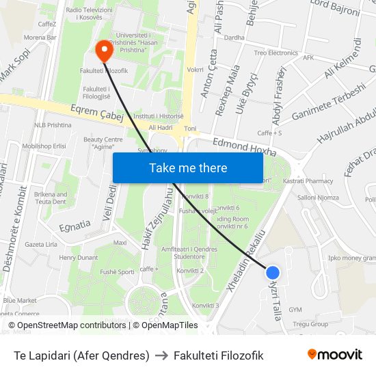 Te Lapidari (Afer Qendres) to Fakulteti Filozofik map