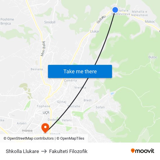 Shkolla Llukare to Fakulteti Filozofik map