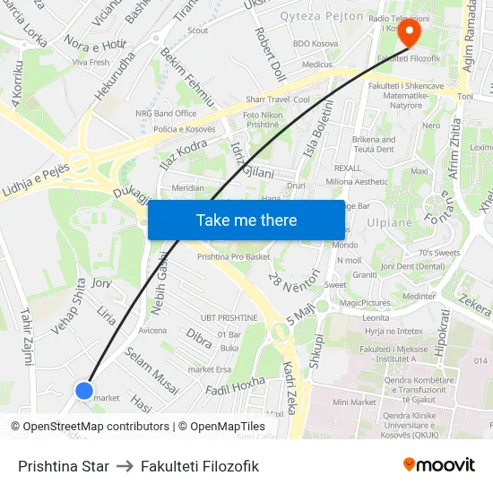 Prishtina Star to Fakulteti Filozofik map