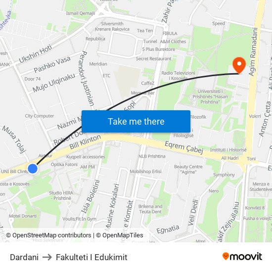 Dardani to Fakulteti I Edukimit map