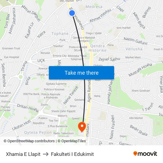 Xhamia E Llapit to Fakulteti I Edukimit map