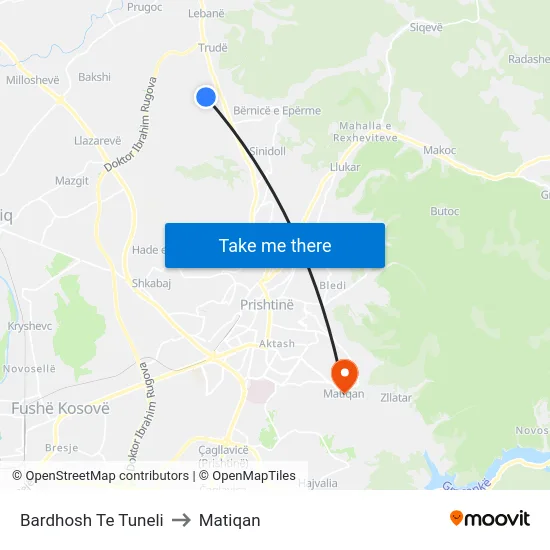 Bardhosh Te Tuneli to Matiqan map