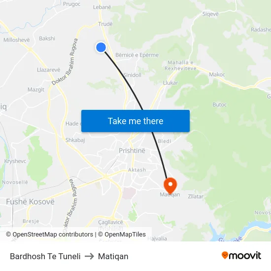 Bardhosh Te Tuneli to Matiqan map
