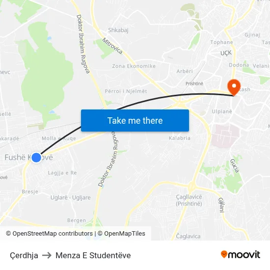 Çerdhja to Menza E Studentëve map