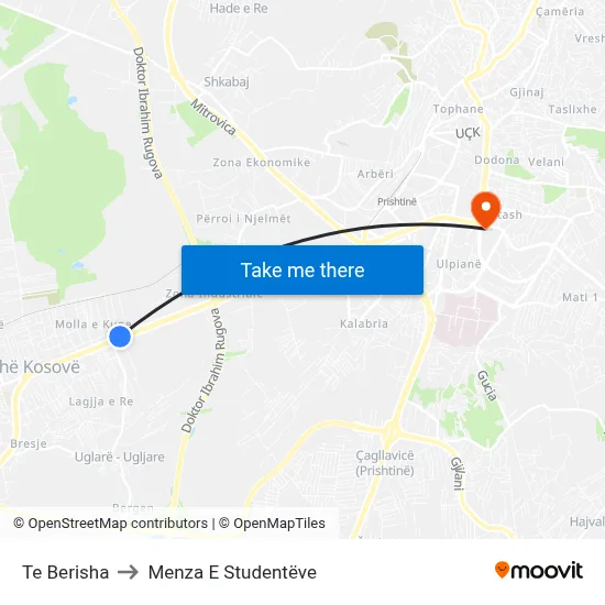 Te Berisha to Menza E Studentëve map