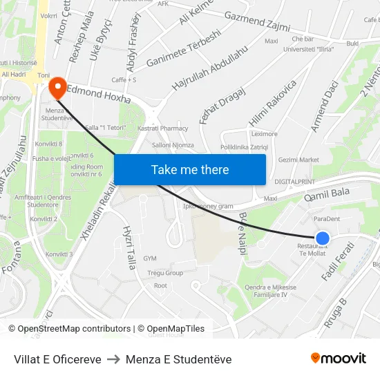 Villat E Oficereve to Menza E Studentëve map