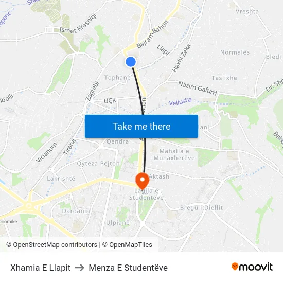 Xhamia E Llapit to Menza E Studentëve map
