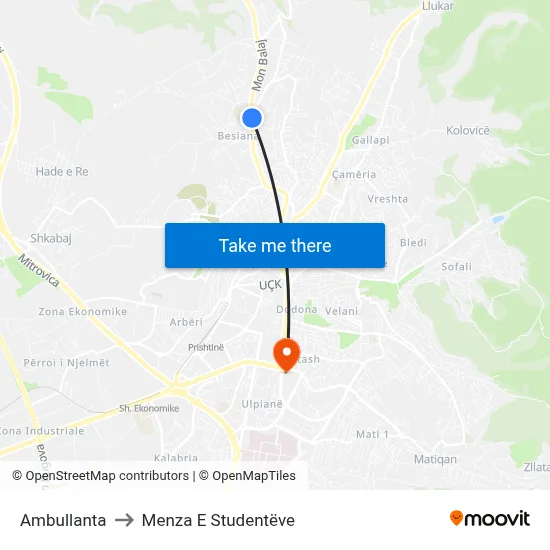 Ambullanta to Menza E Studentëve map