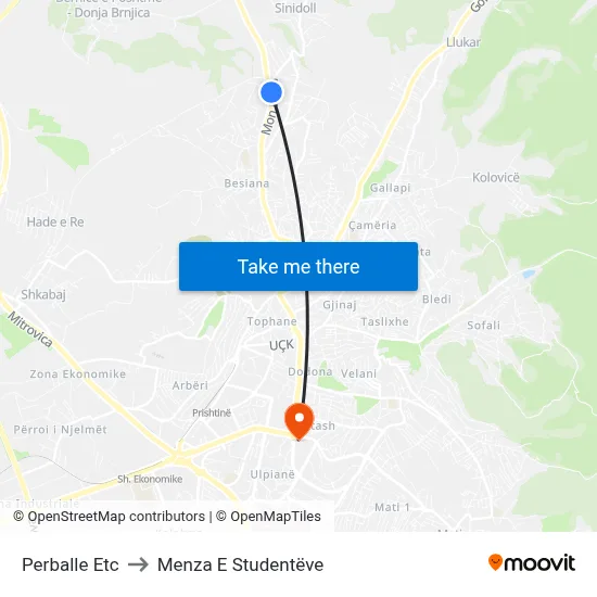 Perballe Etc to Menza E Studentëve map