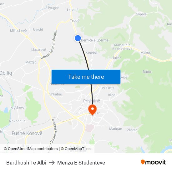 Bardhosh Te Albi to Menza E Studentëve map