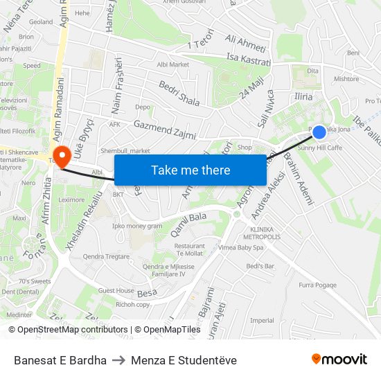 Banesat E Bardha to Menza E Studentëve map