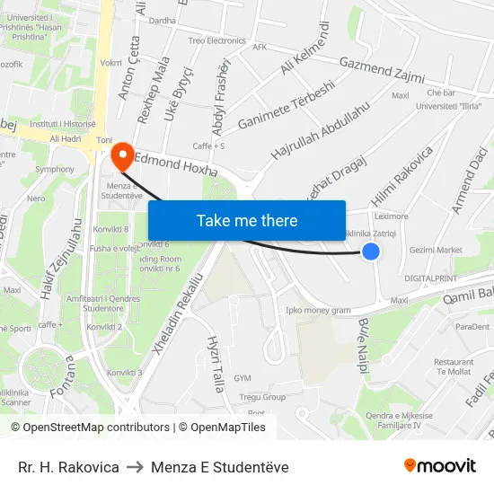 Rr. H. Rakovica to Menza E Studentëve map