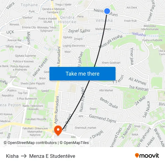 Kisha to Menza E Studentëve map