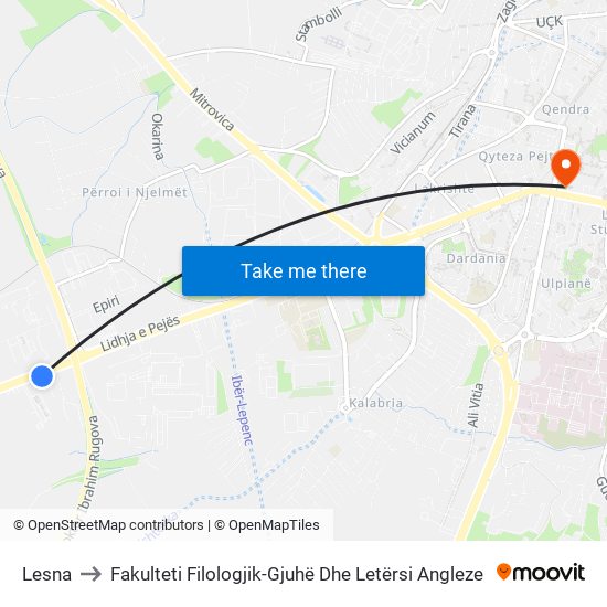 Lesna to Fakulteti Filologjik-Gjuhë Dhe Letërsi Angleze map