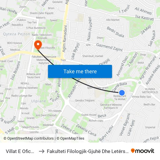 Villat E Oficereve to Fakulteti Filologjik-Gjuhë Dhe Letërsi Angleze map