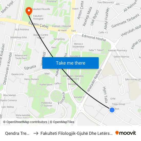 Qendra Tregtare to Fakulteti Filologjik-Gjuhë Dhe Letërsi Angleze map