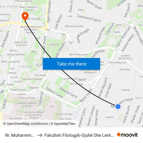 Rr. Muharrem Fejza to Fakulteti Filologjik-Gjuhë Dhe Letërsi Angleze map