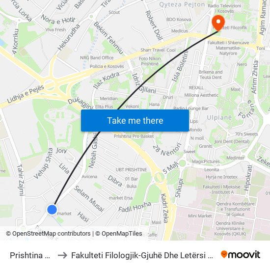 Prishtina Star to Fakulteti Filologjik-Gjuhë Dhe Letërsi Angleze map