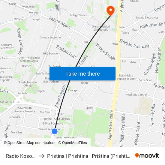 Radio Kosova to Pristina | Prishtina | Priština (Prishtina) map