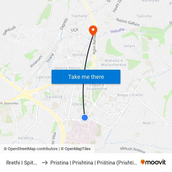 Rrethi I Spitalit to Pristina | Prishtina | Priština (Prishtina) map