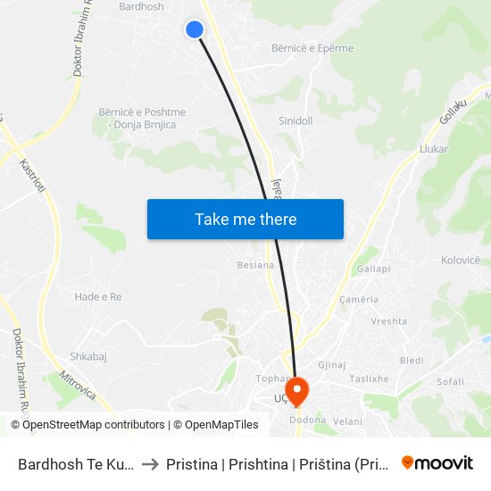 Bardhosh Te Kupint to Pristina | Prishtina | Priština (Prishtina) map