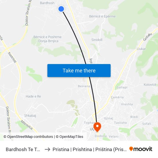 Bardhosh Te Tuneli to Pristina | Prishtina | Priština (Prishtina) map