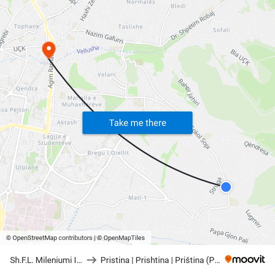 Sh.F.L. Mileniumi I Trete to Pristina | Prishtina | Priština (Prishtina) map