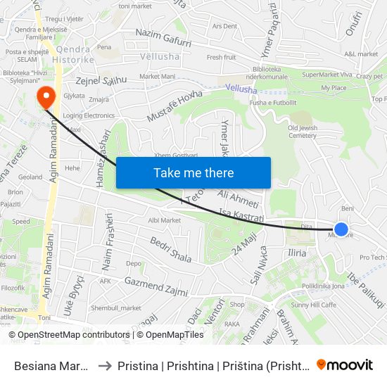 Besiana Market to Pristina | Prishtina | Priština (Prishtina) map