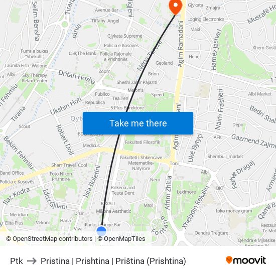 Ptk to Pristina | Prishtina | Priština (Prishtina) map