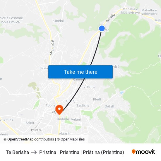 Te Berisha to Pristina | Prishtina | Priština (Prishtina) map