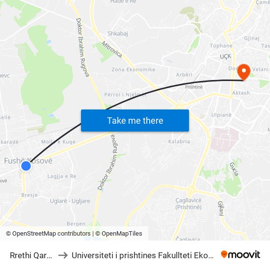 Rrethi Qarkor to Universiteti i prishtines Fakullteti Ekonomik map