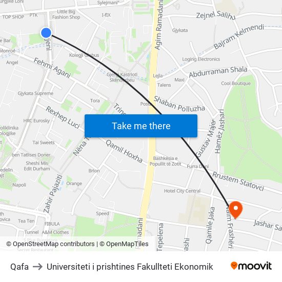 Qafa to Universiteti i prishtines Fakullteti Ekonomik map