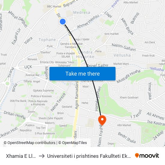 Xhamia E Llapit to Universiteti i prishtines Fakullteti Ekonomik map