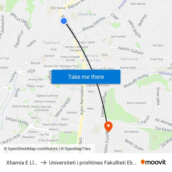 Xhamia E Llapit to Universiteti i prishtines Fakullteti Ekonomik map