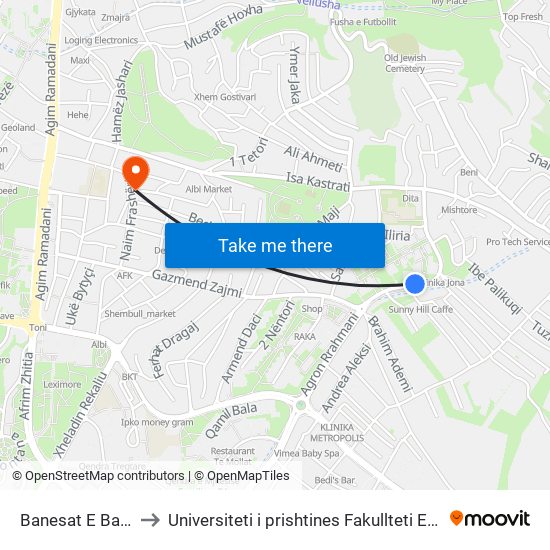 Banesat E Bardha to Universiteti i prishtines Fakullteti Ekonomik map