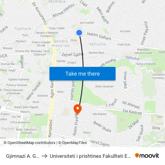 Gjimnazi A. Gashi to Universiteti i prishtines Fakullteti Ekonomik map