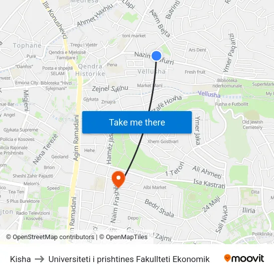 Kisha to Universiteti i prishtines Fakullteti Ekonomik map