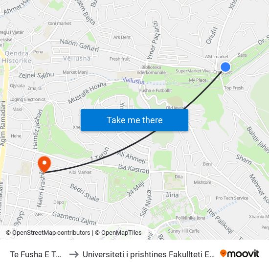 Te Fusha E Tenisit to Universiteti i prishtines Fakullteti Ekonomik map