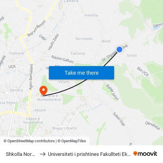 Shkolla Normale to Universiteti i prishtines Fakullteti Ekonomik map