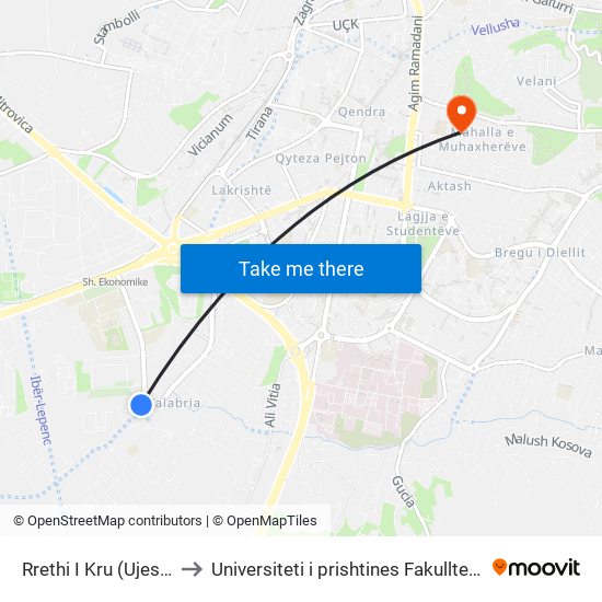 Rrethi I Kru (Ujesjellesit) to Universiteti i prishtines Fakullteti Ekonomik map
