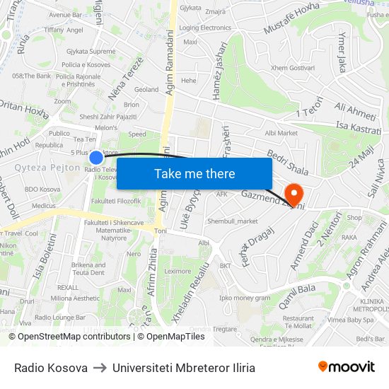 Radio Kosova to Universiteti Mbreteror Iliria map