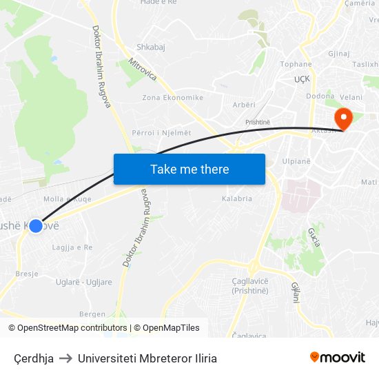 Çerdhja to Universiteti Mbreteror Iliria map