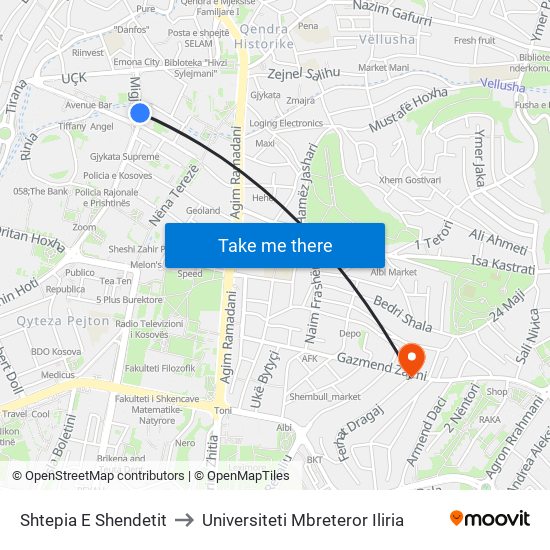 Shtepia E Shendetit to Universiteti Mbreteror Iliria map