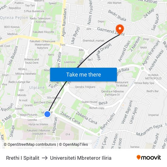 Rrethi I Spitalit to Universiteti Mbreteror Iliria map